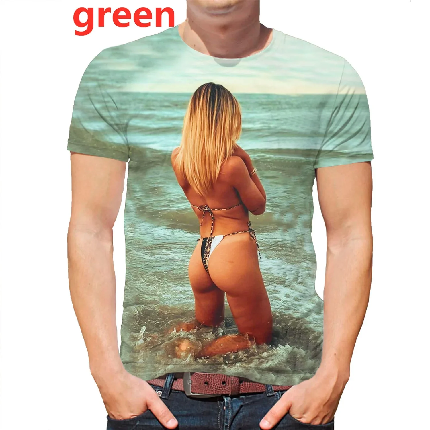 Best-selling Summer Beach Bikini Model 3D Printed T-shirt Fun Creative Passion Men\'s and Women\'s Casual Loose Crewneck T-shirt