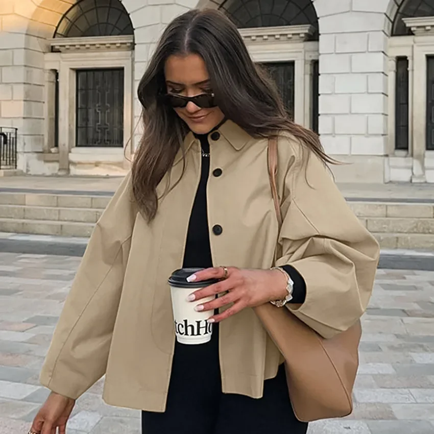 French Casual Short Trench Women Lapel Solid Color Trench Shirts Coat Outwear 2024 Autumn Winter Simple Shirt Tops Jackets