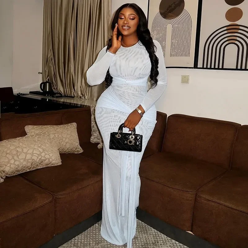 

Women Sexy See Through Maxi Dress Long Sleeve O-Neck Slim Bandage Pleated Elegant Long Dress Lady Street Club Dress Clothing