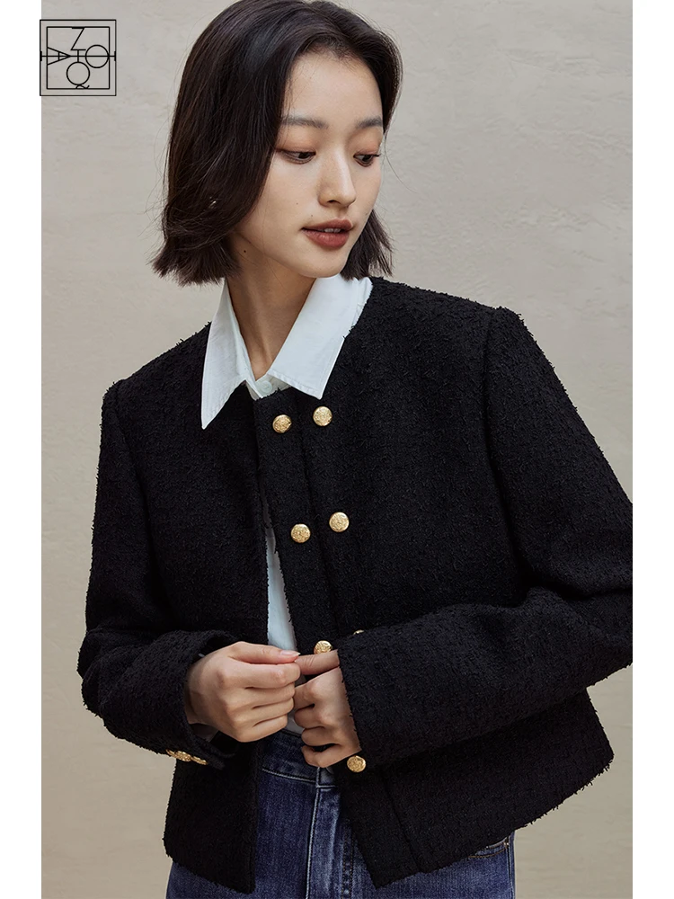 ZIQIAO Elegant Sense Black French Style Short Coat for Women 2023 Winter Niche Fashionable Temperament Round Neck Blazer Female