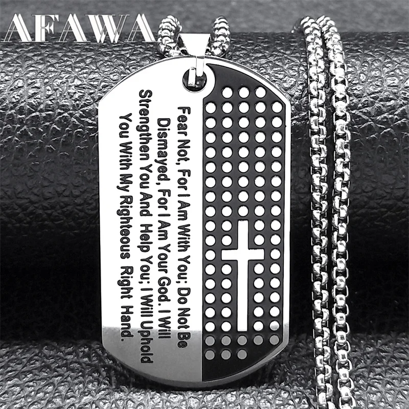 Fear Not for I Am with You Christian Cross Necklace for Women Men Stainless Steel Bible Verse Dog Tag Encourage Jewelry N9602S02