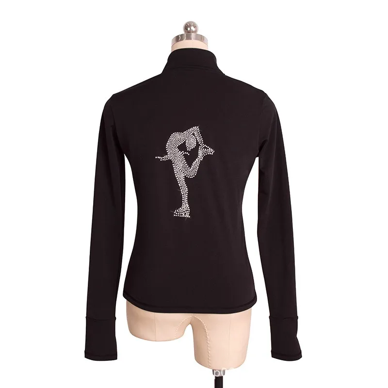 Traje de patinaje artístico personalizado, chaqueta superior, traje de entrenamiento con cremallera, terciopelo negro para niños y adultos, Color sólido, hombre de hielo, diamante