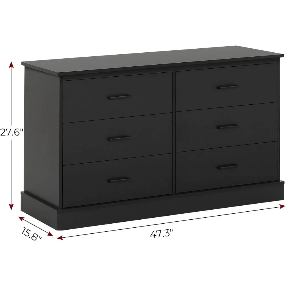 Black 6 Drawer Double Dresser for Bedroom, Wood Storage Tower Clothes Organizer, Wide Chest of 6 Drawers, Large Storage Cabinet