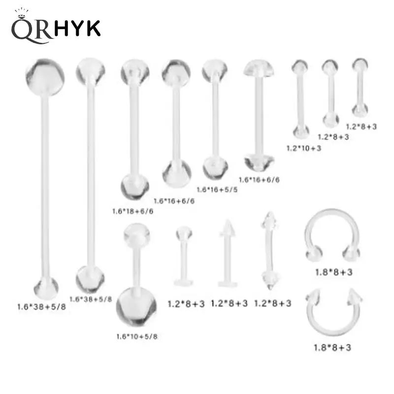 15Pcs Clear Belly Ring Earring Lip Ring Tongue Barbell Nipple Bar Body Piercing
