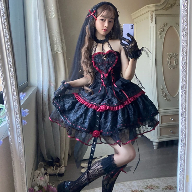 Đậm Gothic Lolita Áo Quần Lót Nữ Ren Dây Cổ Viền Áo JSK Đầm Nữ Tính Phong Cách Punk Ngày Lễ Đảng Mini Áo