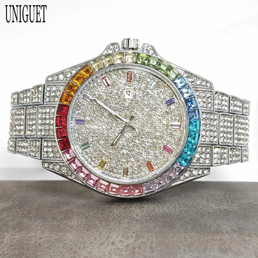

UNIGUET Rainbow Diamond Watch For Man Fashion Hip Hop Iced Out Bling Quartz Wrist Watch With Calendar Reloj Hombre Dropshipping