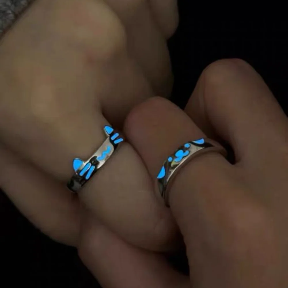 يتوهج في الظلام مضيئة زوجين خواتم لطيف جرو الكورية نمط القط الكلب افتتاح خاتم سبيكة هدية عيد الحب زوجين