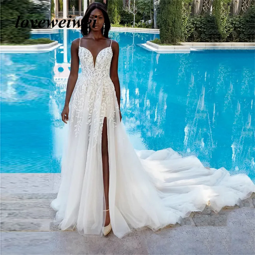 Spaghetti Strap High Slit Wedding Dresses for Black Girls Tulle Lace Applique Bride Gown with Long Train A Line Bridal Dress