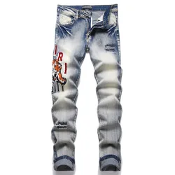 2024 New Punk Men Black Blue Letter Embroidery Jeans Streetwear Holes Ripped Denim Pants Mens Hip Hop Slim Jean Hombre Trousers