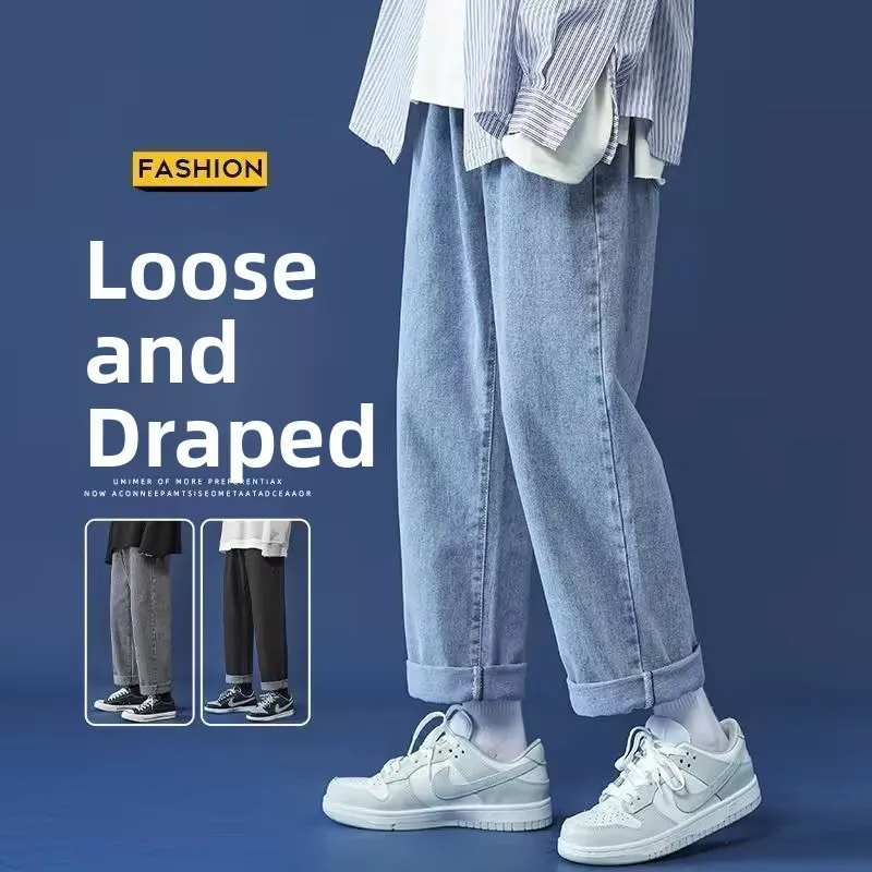 

Мужские летние тонкие джинсы прямого кроя в американском стиле, модные, молодежные, с принтом, из 100% хлопка, свободного кроя, с эффектом потертости