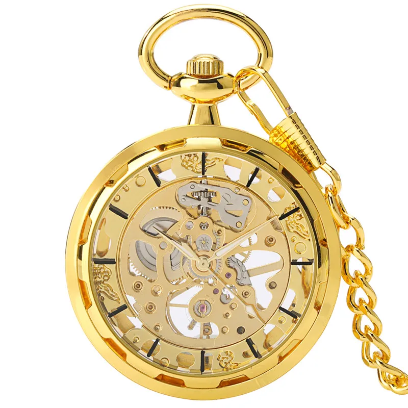 Bronze Hand Wind Mechanical Pocket Watch Gold Transparent Skeleton Fob Chain Antique Clock Luminous Hands Gift for Men Women