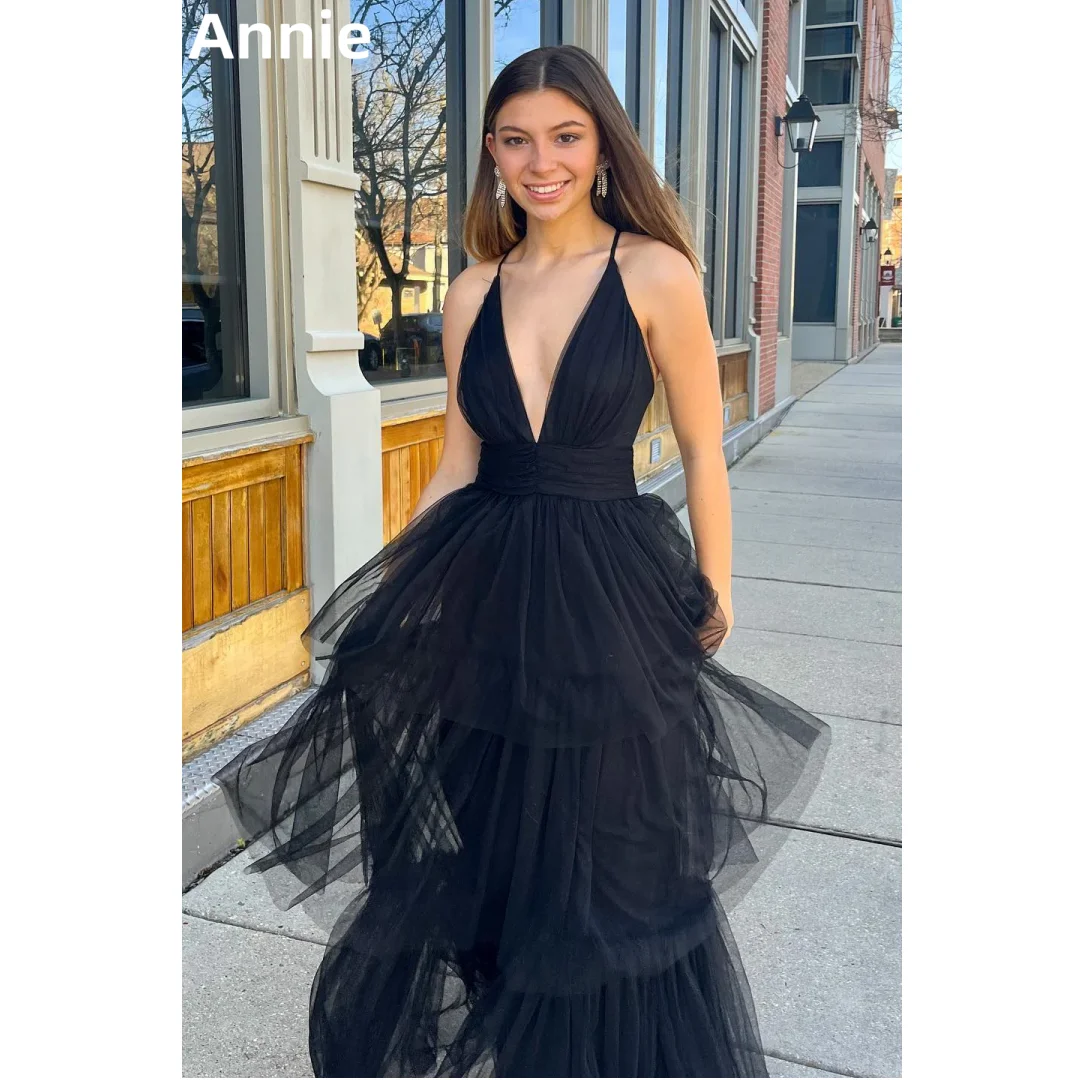 Annie-Robe de Rhen tulle avec bretelles spaghetti, décolleté en V profond, robe de mariée noire, robe de cocktail élégante, robe éducative DeFi.C.