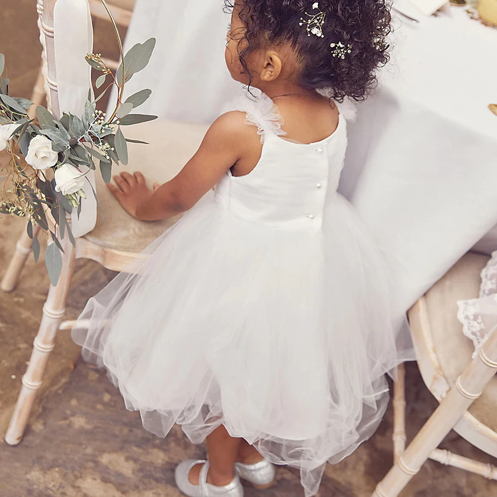 A-Line Tulle ดอกไม้ชุดเดรสเด็กผู้หญิง Simple V-Neck Beading ชุดงานวันเกิด Ruched ชา-ความยาว First Communion Gowns