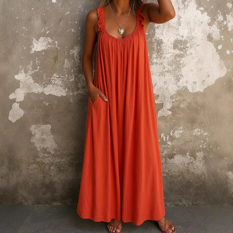 2025 Nuovo abito casual da donna - Abito maxi a strati con spalline e scollo a U con vita smockata in più colori