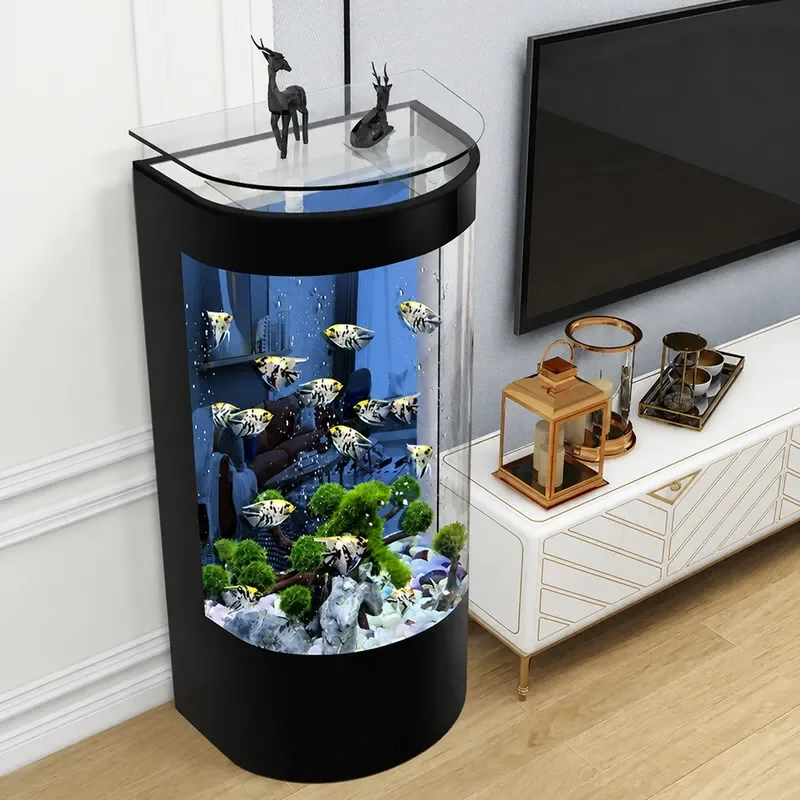 Semi Circular Glass Fish Tank Floor Standing Aquarium for Living Room Small Household Goldfish Bowl Ecological Water Feature