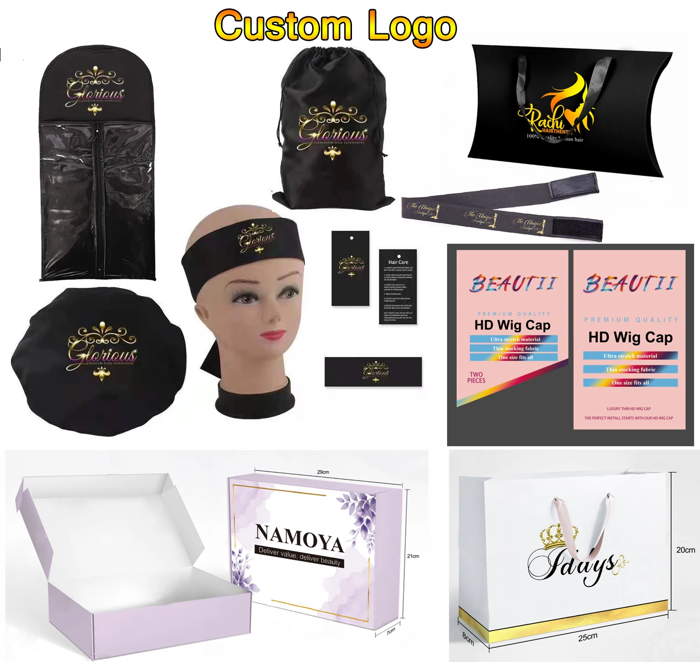 

Custom Logo Wigs storage bag/Satin Bags/Hang Tag Sticker labels Wraps/Long Bonnets/Headband/Cape/Bonnet/wig elastic band