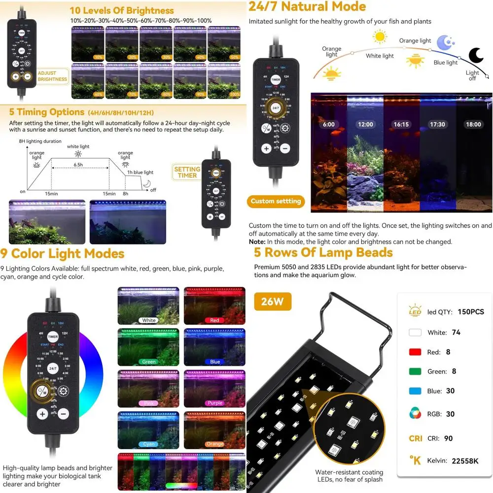 

Светодиодный светильник для аквариума 30-36 дюймов с таймером, режимами дневного и лунного света, регулируемой яркостью и цветом, полный спектр для пресноводных аквариумов
