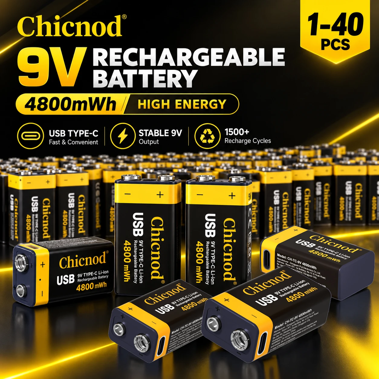 CHICNOD 9V Rechargeable Lithium Battery 4800mWh USB Type-C Li-ion Constant Voltage for Microphone Pedal Toys Electronic Devices