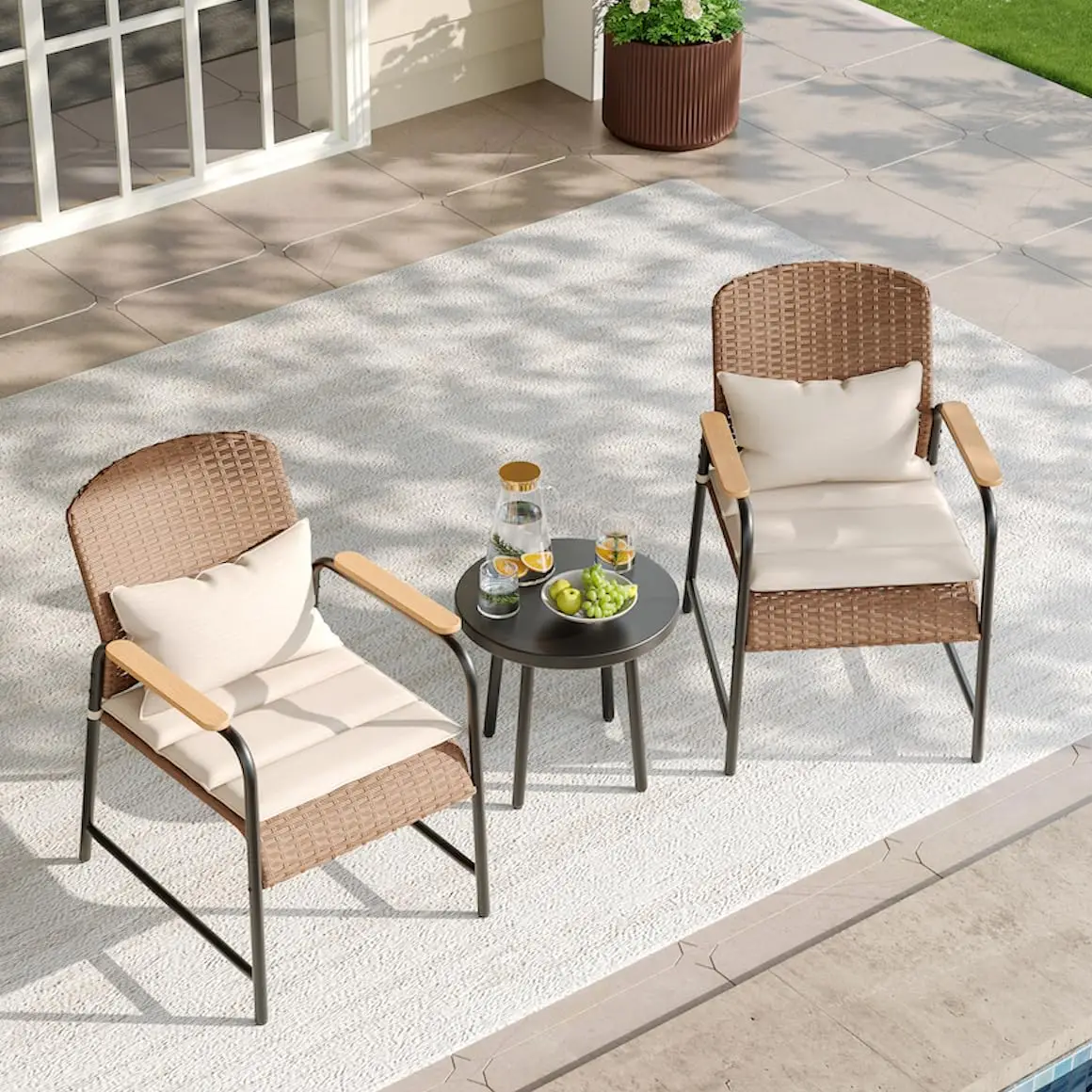 3-Piece Wicker Patio Bistro Set with Coffee Table & Cushions for Yard Garden Balcony, Beige, Customized