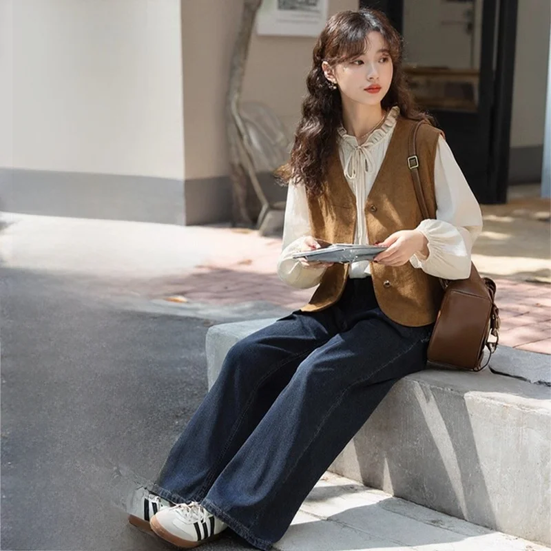 

Художественный женский осенний комплект в стиле ретро, широкие джинсы, жилет, футболка, костюм, повседневный вязаный топ с длинным светом