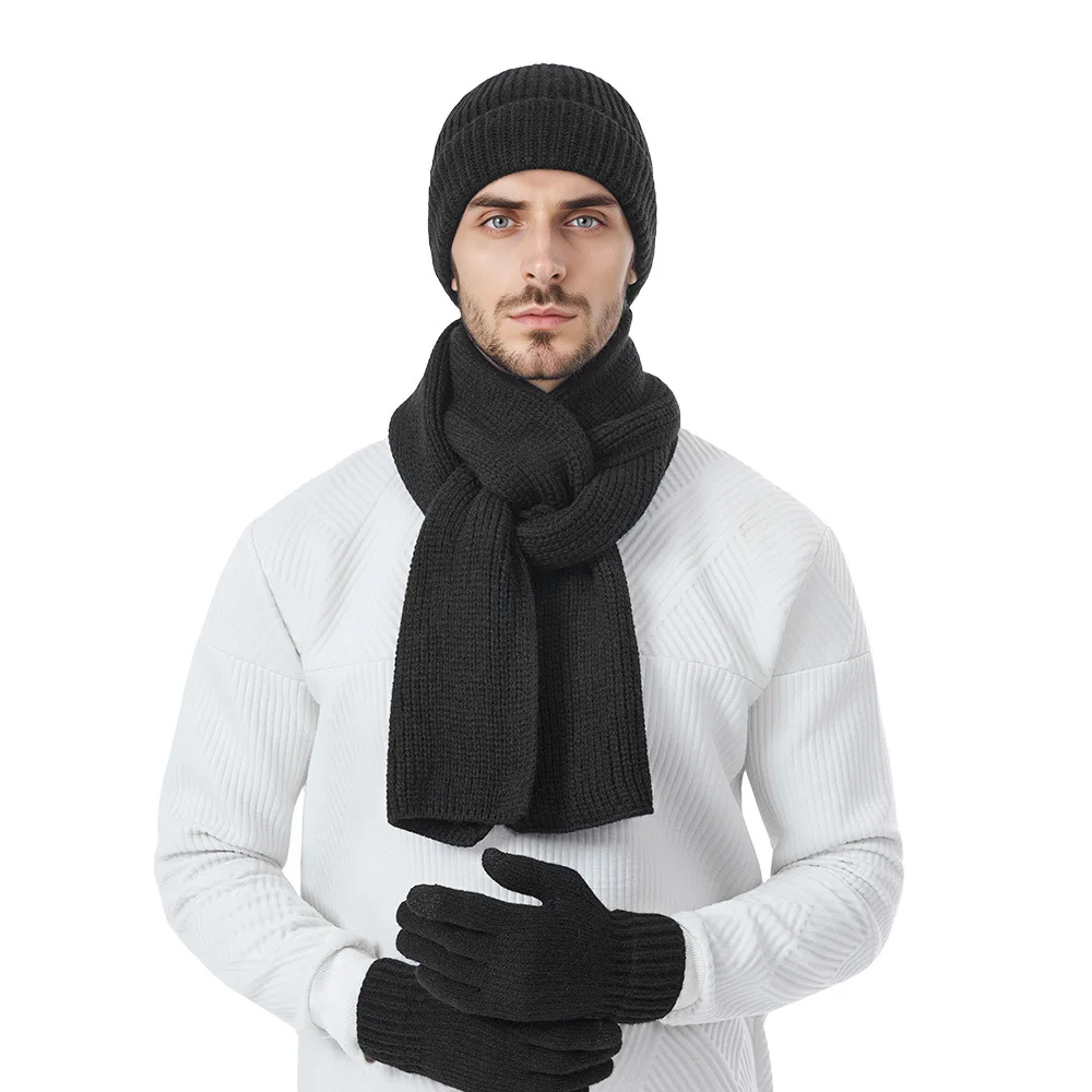 Solid Color Knitted Hat Scarf Gloves Men's Windproof Adult Three-piece Set Autumn Winter Fashion Men's Scarf Hat Set