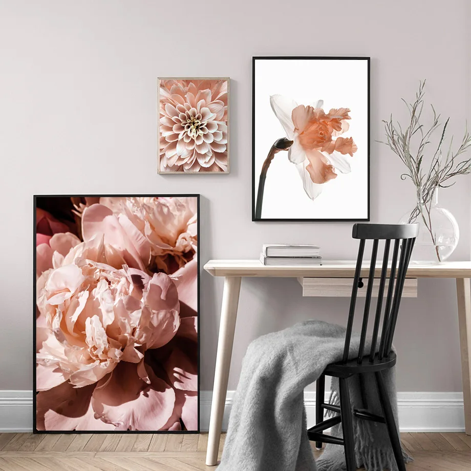 Blush Pink Flower Wall Art Mural Large Peony Dahlia Daffodil Prints Neutral Botanical Canvas Posters Home Decor for Living Room
