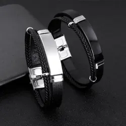 Homme Stainless Steel Bracelet Double Layer Twist Braid Leather Rope Bracelets For Men Hiphop Rock Fashion Jewelry Accessories