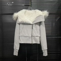 VGH Casual Basics Short Coat For Women Hooded With Fur Long Sleeve Patchowork Zipper Tunic Sweatshirts Female Winter Clothes New