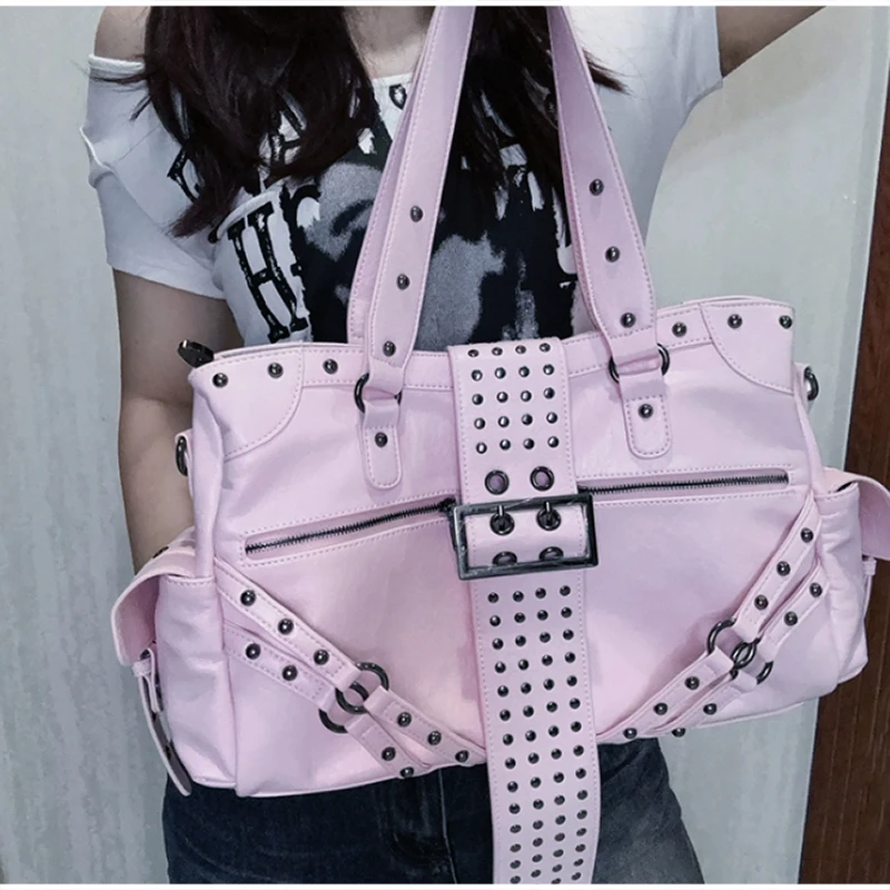 Y2k Nieten-Gürtelschnallen-Handtasche, Damen Motorrad Biker Punk-Stil Metall-Nieten-Schultertasche, Koreanische Y2k Mädchen Reißverschluss-Tragetasche – Detail 17