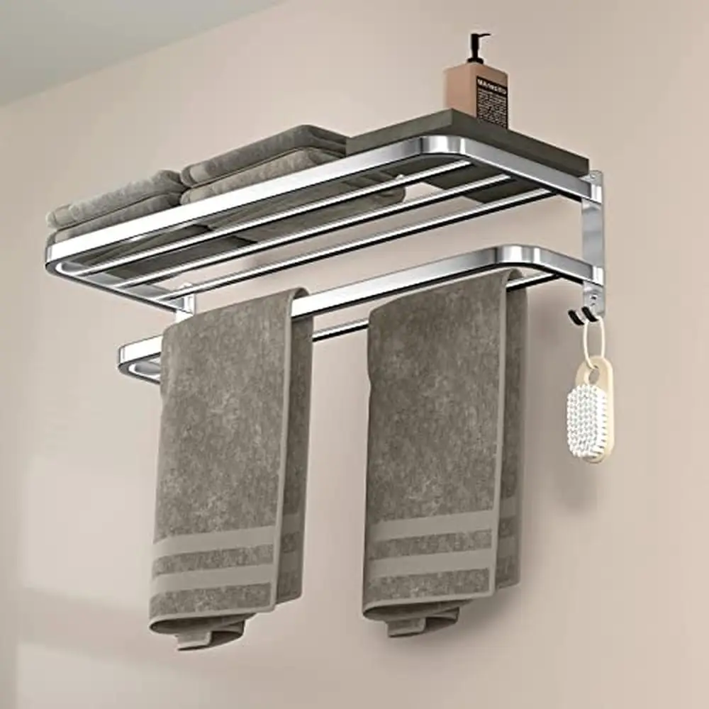 

Stainless Steel Bathroom Towel Rack Shelf Double Bars Hooks Wall Mount Holder 23" Hardness Eco-Friendly Hotel Bath Storage Rack