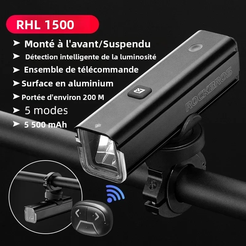 ROCKBROS 1000/1500LM Lampe de vélo étanche IPX6, phare de vélo à charge Type-C, lampe frontale LED pour cyclisme, lampe torche ultralégère en aluminium