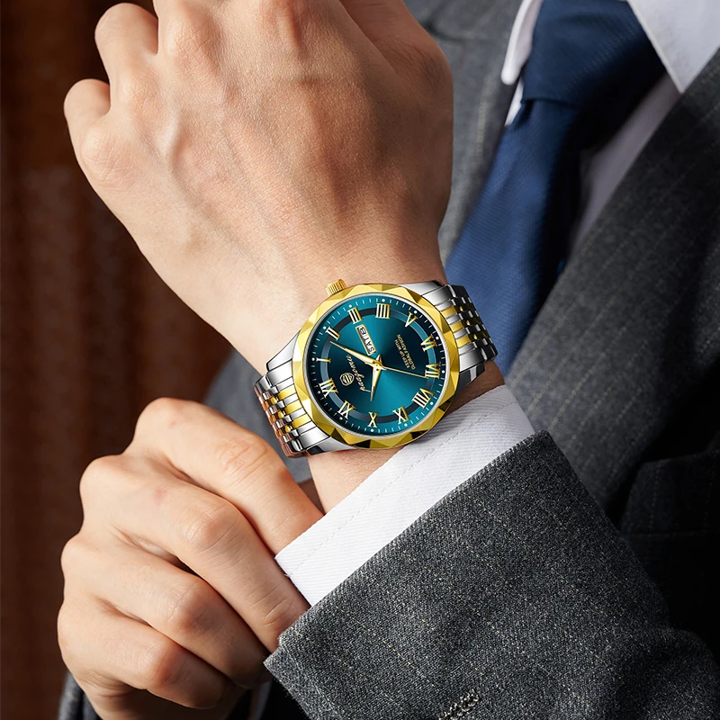 POEDAGAR ساعة رجالية فاخرة تاريخ الأسبوع مقاوم للماء مضيئة ساعة من الفولاذ المقاوم للصدأ للرجل عادية كوارتز ساعات رجالية رياضية + صندوق