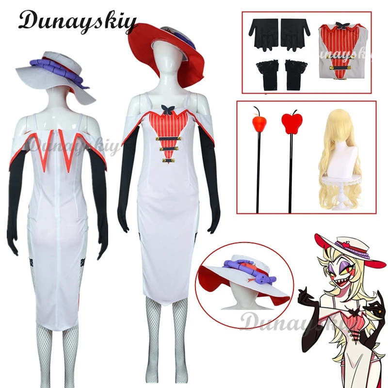 Hazbin Lucifer Cosplay Morning Star Costume Wigs Woman Dress Uniform Full Set with Hat Prop Halloween Birthday Party