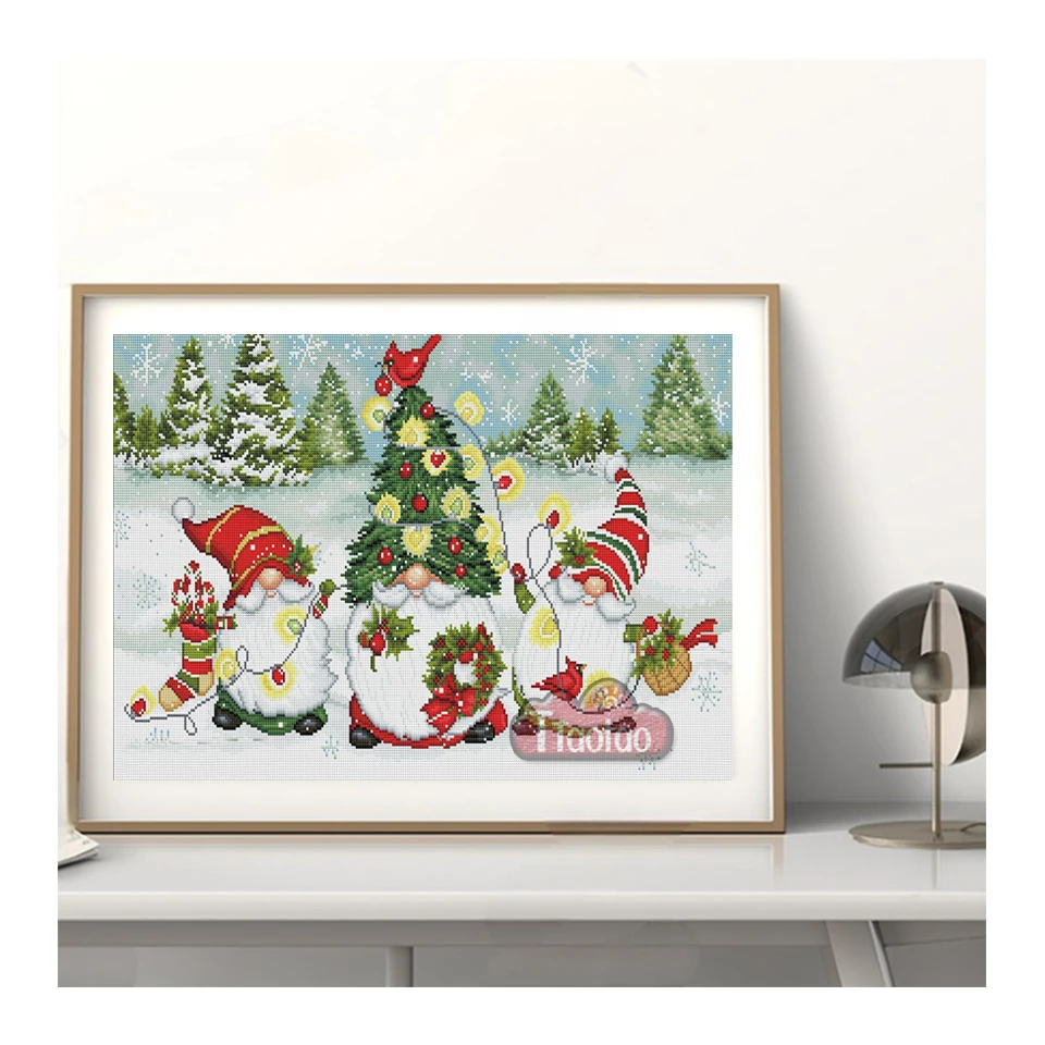 5D Winter Snow Scene Christmas Cartoon Gnome Santa Claus Diamond Painting DIY Square Round Mosaic Rhinestone Cross Stitch Decor