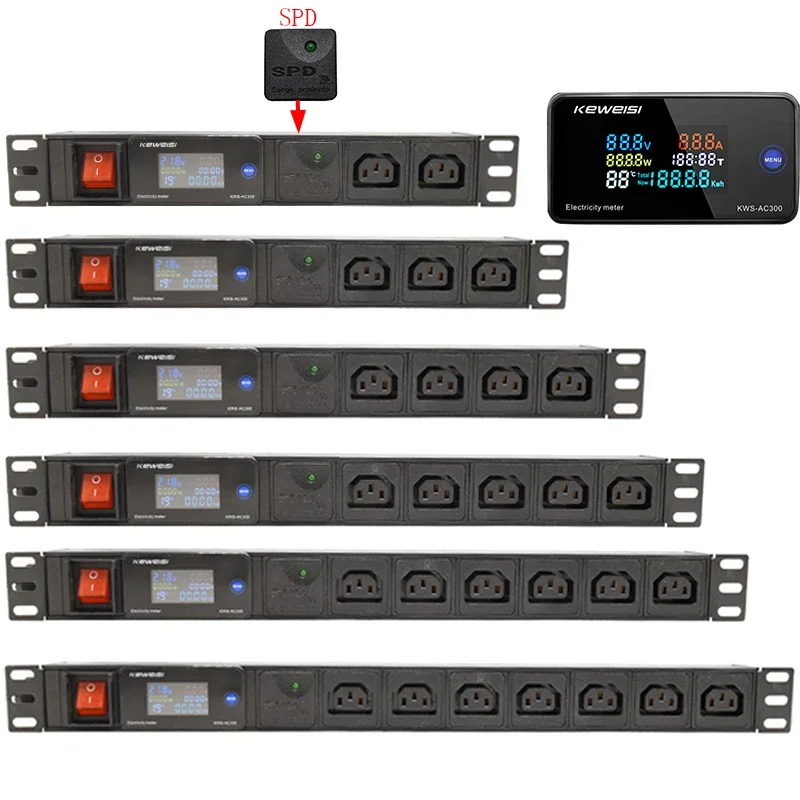 IEC C14 Power Strip with Digital V/A/W/℃ Electricity meter Surge protection PDU Power Distribution Unit 2-7 Ways Socket