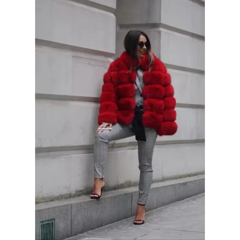 Trendy winterbontjassen voor dames Nepbontjassen Pluizig Middellange lengte Luxe patchwork Kleurblokkering Los Casual Veelzijdig