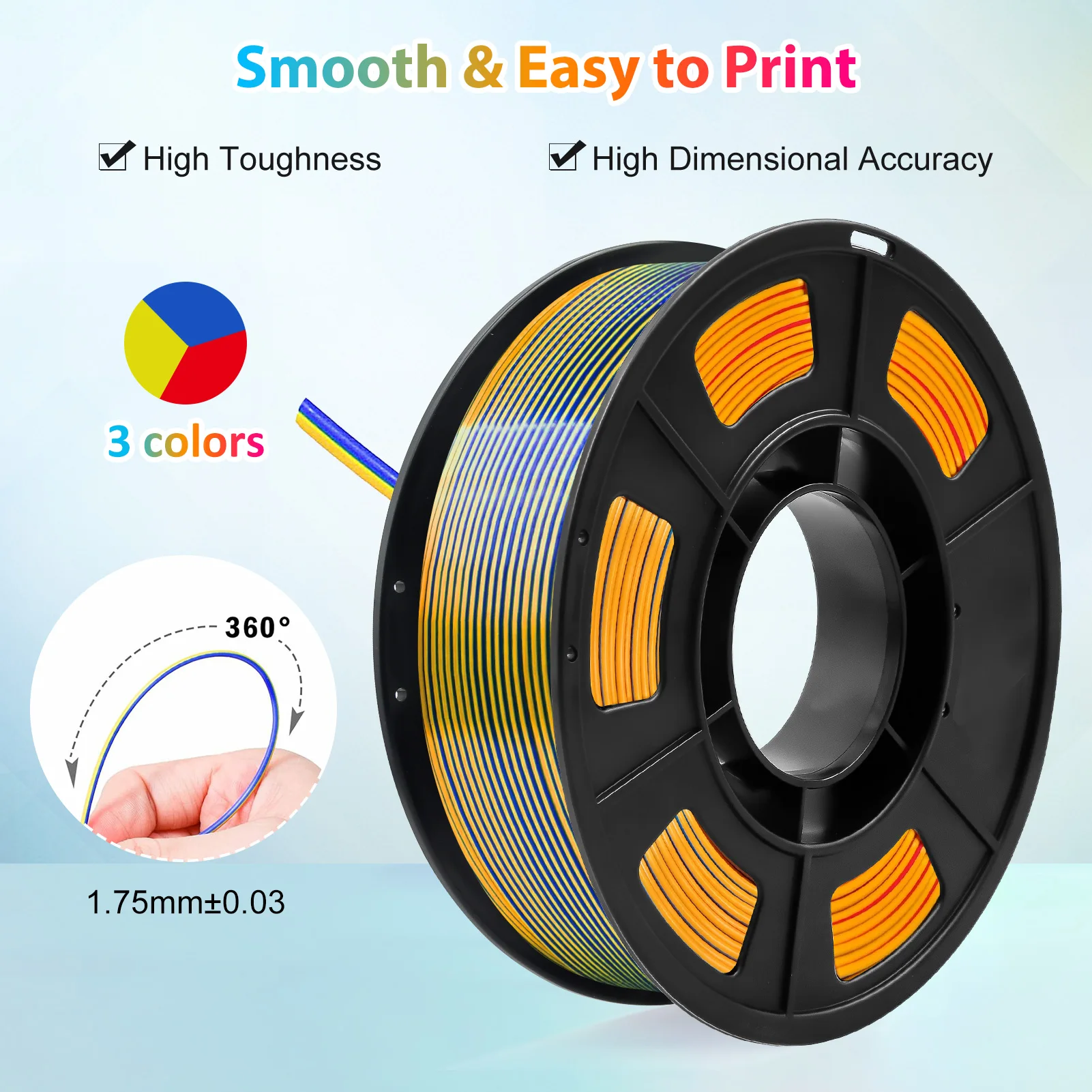 Tricolor Silk PLA 3D-Drucker-Filament, 1,75 mm mehrfarbiges 3D-Druckfilament, rotes, blaues und gelbes Filament, 250 g (0,55 lbs) – Detail 2