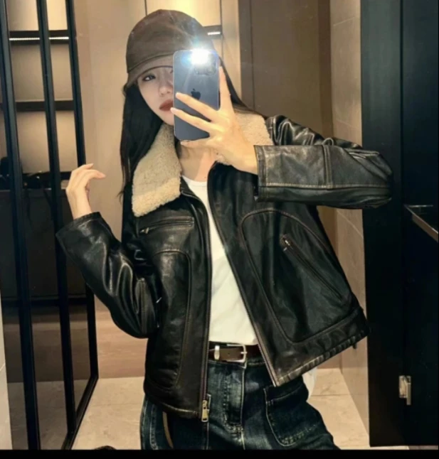 Abrigo de cuero genuino ort para mujer con cuello de piel de cordero curtido de plantas acolchadas de algodón corte ajustado motocicleta Sle Faionable