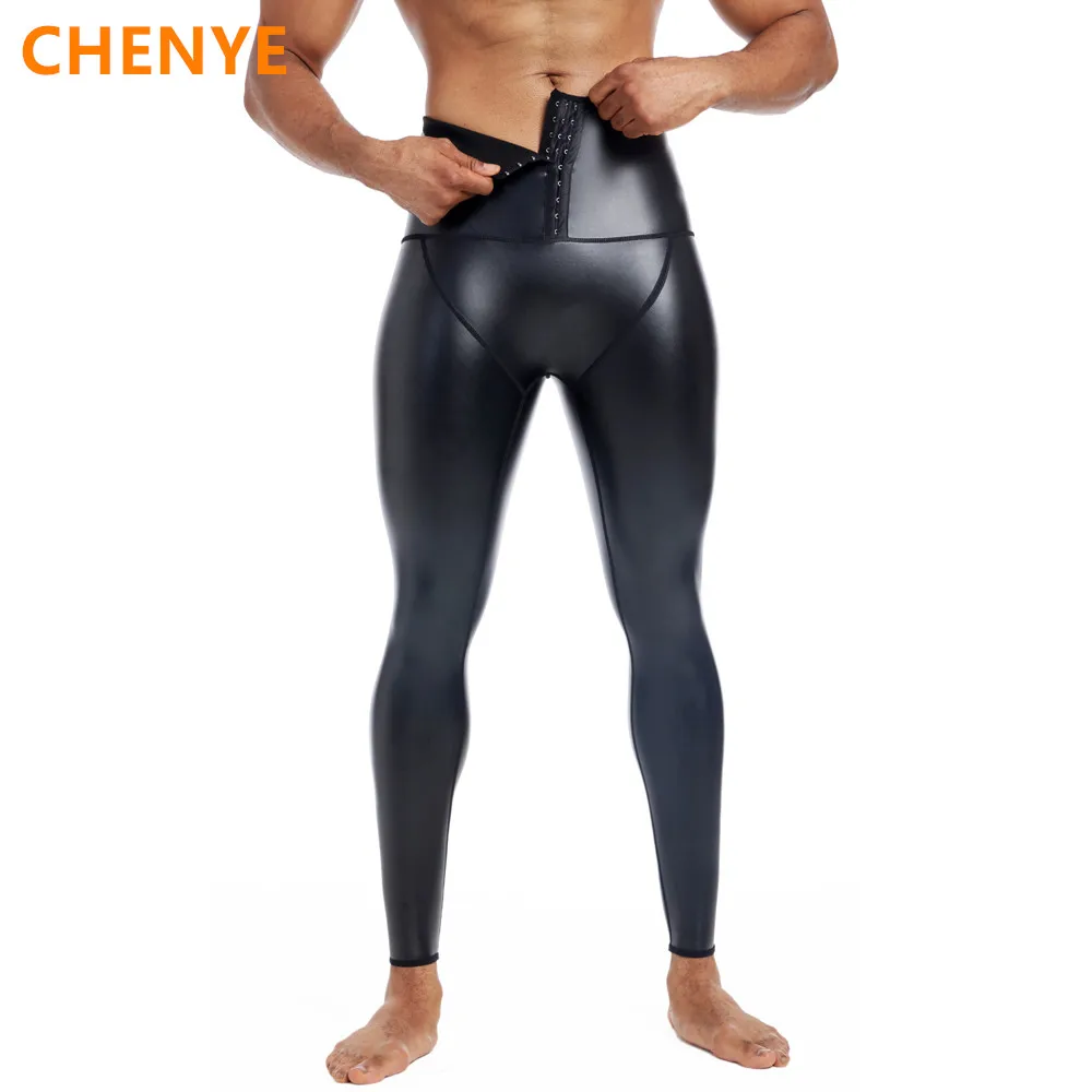 

New High Waist Fashion Fitness Slim Stretch Leather Pants Body Shaper Waist Trainer Abdomen 3Hooks Compression Leather Pants
