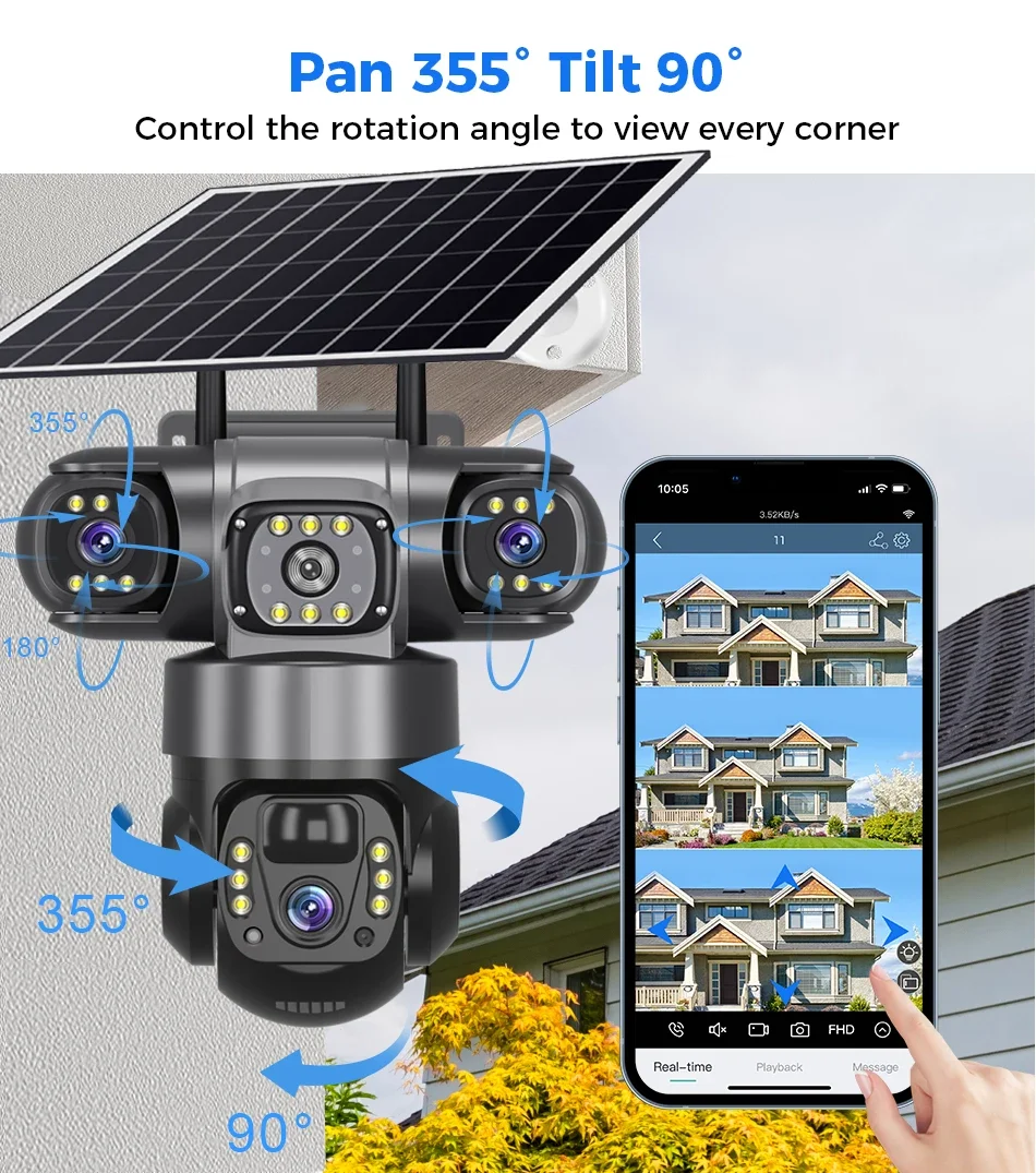 V380 Pro 12MP 10X Zoom Triple Lens 4G Solar Camera Outdoor Three Screen PIR Motion Detection Security Surveillance CCTV Cameras