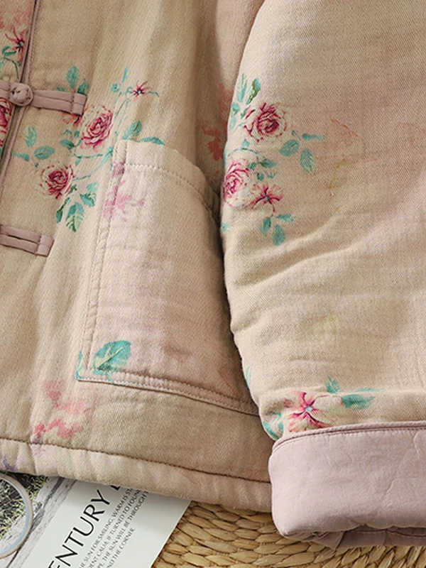 

Retro Floral Print Cotton Warm Outerwear Women's Loose Stand Collar Jaet Thiened Cotton Filling Long Sve Winter Coat