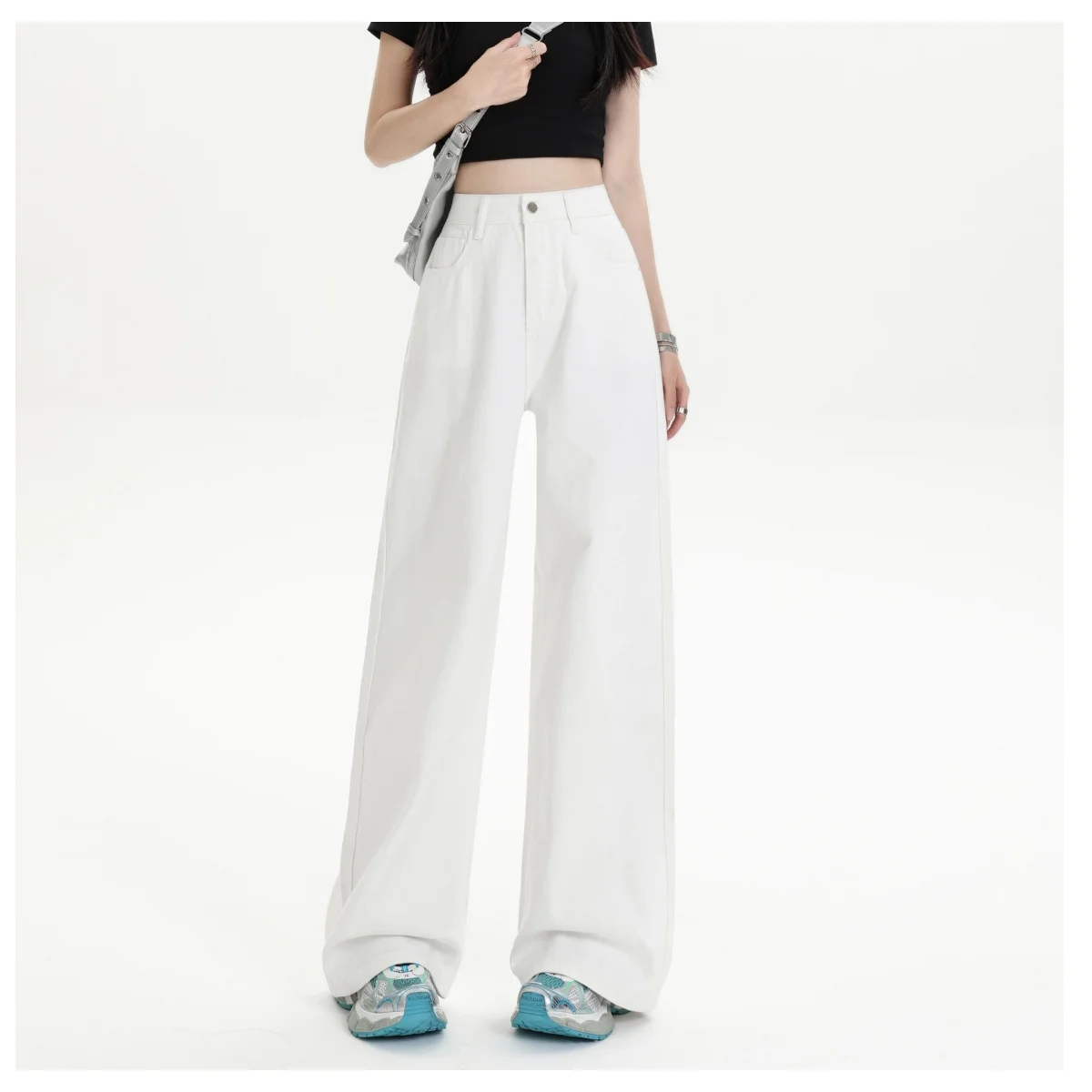 

2025 Autumn White Womens Jeans High Waist Baggy Casual Vintage Y2K Wide Leg Basics Washed Long Pants Fastfashion Denim Trouser