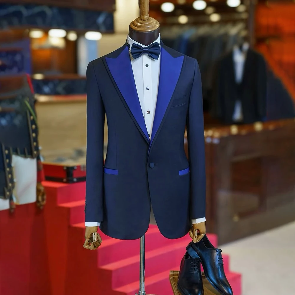 

Bespoke Men's Suits Blue One-Button Peak Lapel Skinny 2 Piece Jacket Pants Outfits Formal Business Smart Casual Clothing Costume