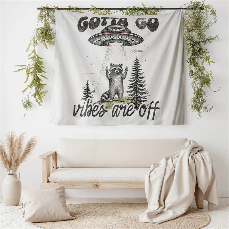 Gaslight Gatekeep Girlboss Gotta Go Vibes Are Off Funny Raccoon UFO Retro Alien Wall Hanging for Bedroom Living Room Decor