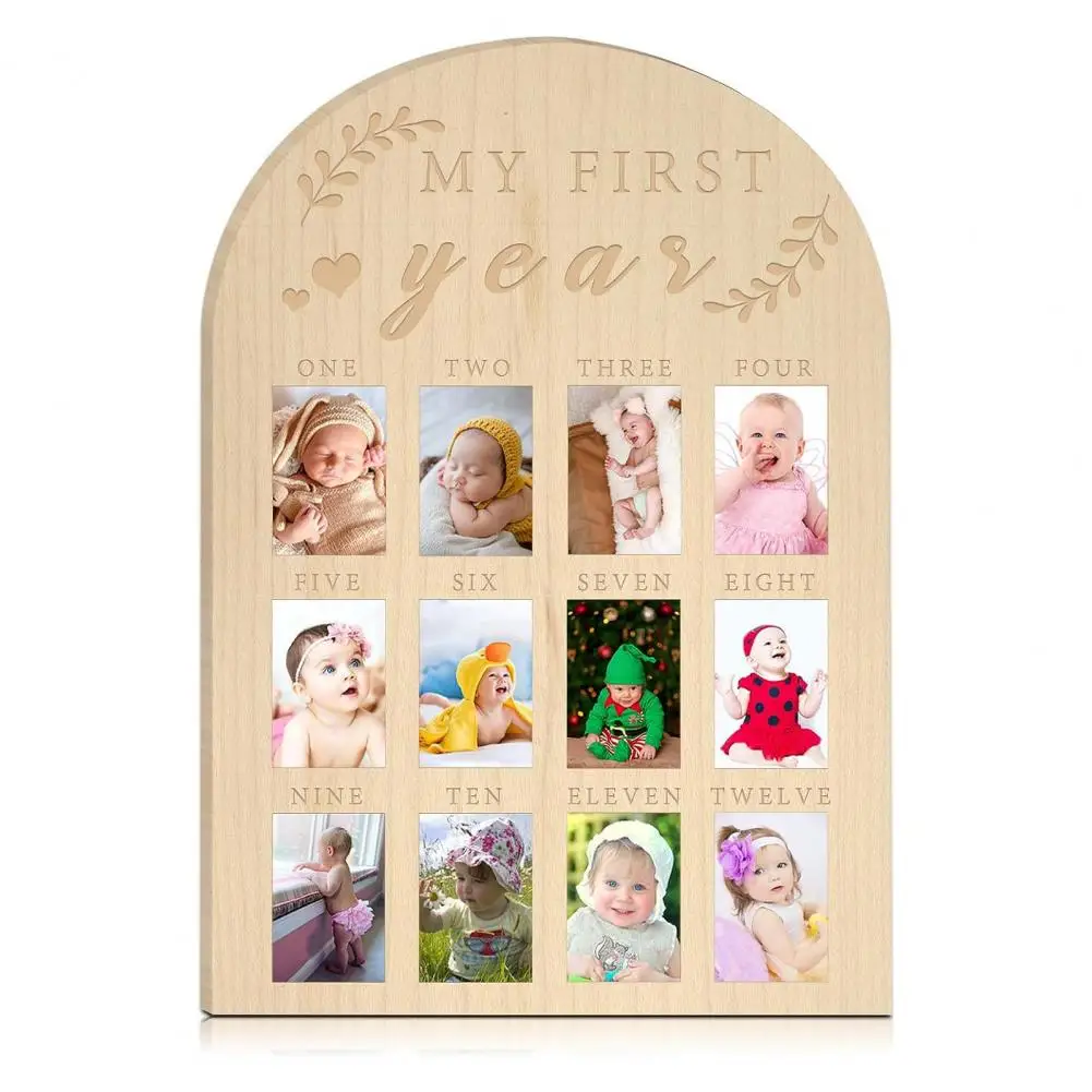 Baby First Year Milestone Photo Frame Rustic Wood Newborn Boys Girls Infant Monthly Picture Display Board Nursery Wall Decor