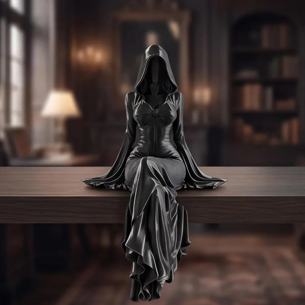 Vintage 10CM Death Lady Gothic Statue Faceless Hooded Shelf Sitter Dangle Leg Sculpture Dark Academia Halloween Ornament