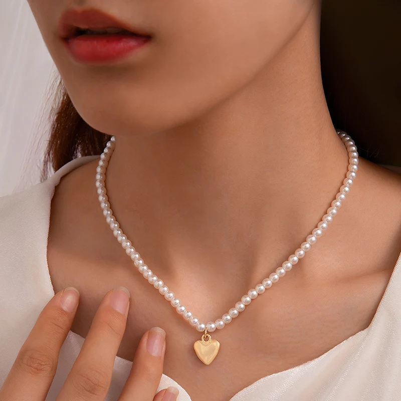 Docona Elegant Pearl Stone Shell Love Pendant Neckalce Classical Handmade Clavicle Chain Choker For Women Party Jewelry Gifts