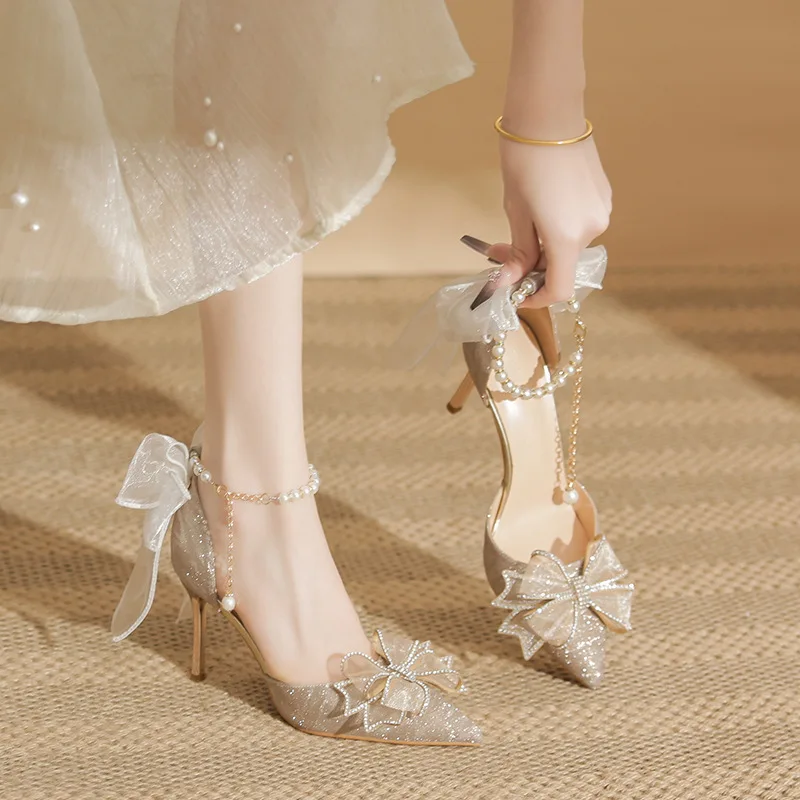 Woman Fairy Style Wedding Shoes Spring Elegant Silver Sequin Pointed Toe Party Pumps Bow Bride Thick Heel Single Shoes