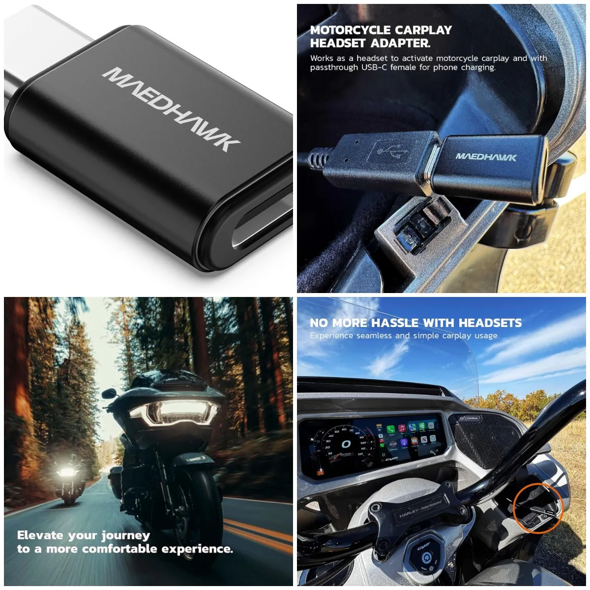 

Bypass Motorcycle CarPlay Bluetooth Headset Adapter with Passthrough USB-C Charging Port