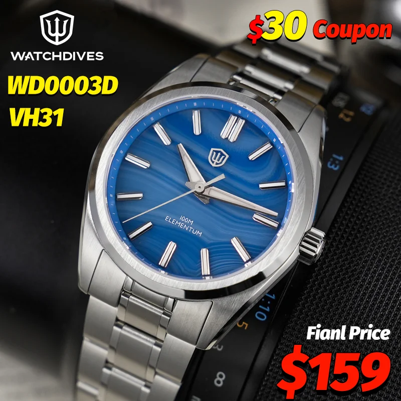 

Watchdives WD0003D Quartz Watch VH31 Sweep Seconds Movement 38mm ice Crack Dial Sapphire Luminous 100m Waterproof Men Wristwatch